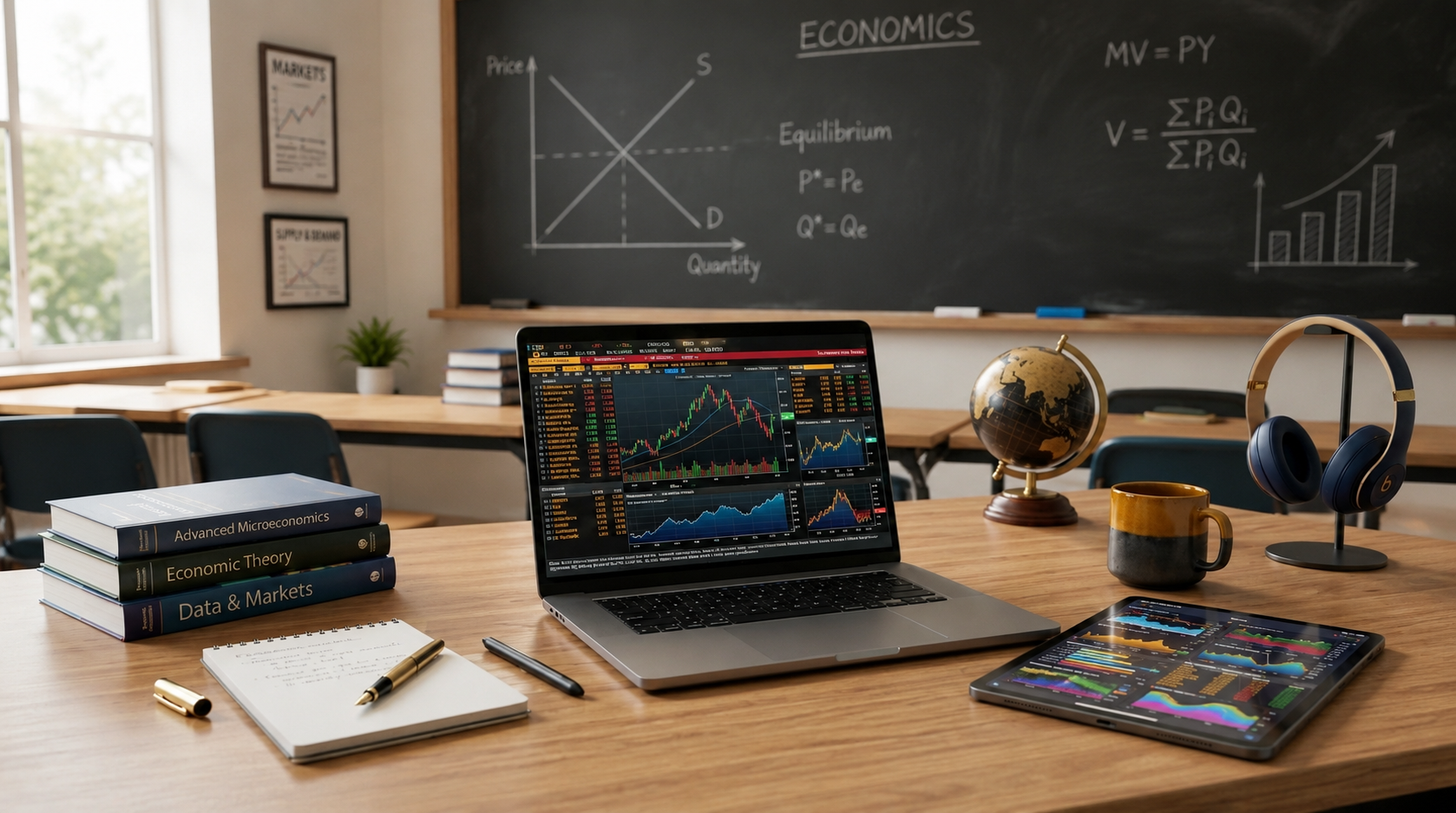 Economics classroom — textbooks, laptop with market data, and chalkboard